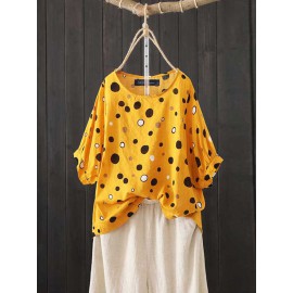 Women Short Sleeve O-neck Polka Dot Print Casual Blouse