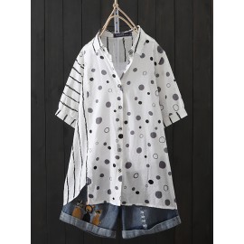 Women Short Sleeve Button Polka Dot Print Irregular Hem Blouse