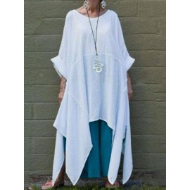 Women Solid Crew Neck Irregular Hem Casual Shirt Blouse