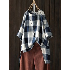 Women Short Sleeve O-neck High Low Hem Plaid Blouse
