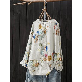 Women Retro Button Stand Collar Floral Print Blouse