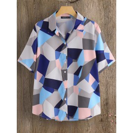 Women Short Sleeve Geometric Print Turn-Down Collar Blouse