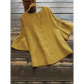Women Solid Cotton High Low Hem Casual Loose Blouse