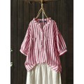 Women Striped Casual Women Buttons Puff Sleeve Blouse with Pockets