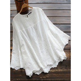 Women Pure Color Hollow Out Lace Patchwork 3/4 Sleeve Blouse