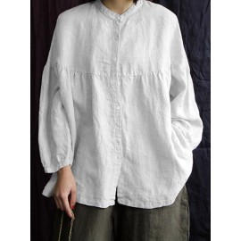 Women Solid Long Sleeve Button Loose Cotton Blouse