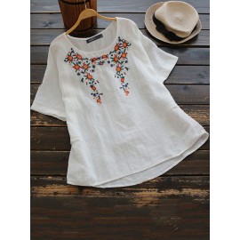 Women Short Sleeve Floral Embroidery High Low Hem Blouse