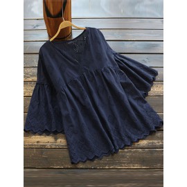 Women Pure Color Hollow Out V-Neck Flare Sleeve Blouse