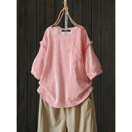 Women Short Sleeve O-neck Front Pocket Plaid Blouse