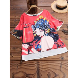 Women Short Sleeve Chinese Opera Printing Blouse
