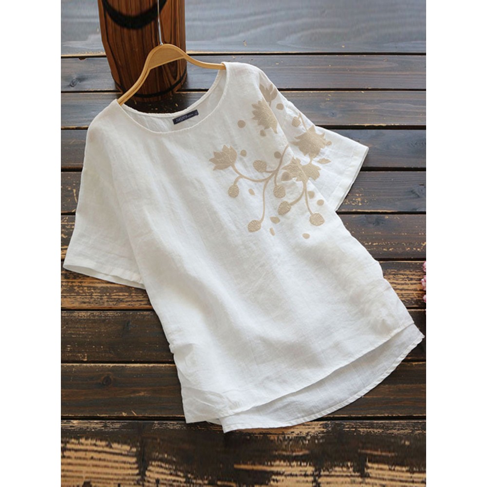 Women Casual Autumn Pure Color O-Neck Cotton Blouse