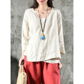 Women Vintage Solid Color V-Neck 3/4 Sleeve Irregular Hem Blouse