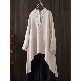 Women Retro Stand Collar Long Sleeve Asymmetrical Hem Cotton Blouse