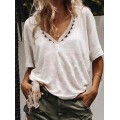 Women Solid Color V-Neck Short Sleeve Blouse