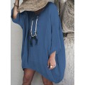 Women Solid V Neck Cotton Casual Baggy Tunic Blouse Mini Dress