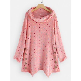 Women Polka Dot Side Button Irregular Hem Coats Casual Fleece Sweatshirt