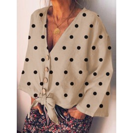 Women Polka Dot Print V-neck Button Casual Blouse