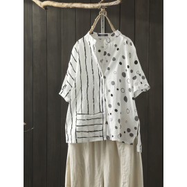Women Striped Dot Print Button Down HighLow Hem Blouse