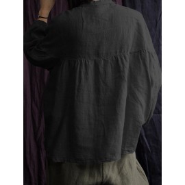 Women Solid Long Sleeve Button Loose Cotton Blouse